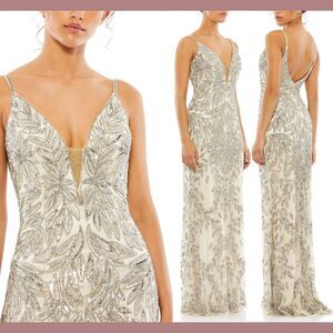 NWT $498 Mac Duggal [ 6 ] 5107 V Neck Embellished Leaf Gown Nude Silver‎